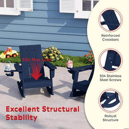 Costaelm Palms 3-Piece Kids Table and Chairs Set with Modern Toddler Rocking Chairs and Cup Holders, Navy Blue
