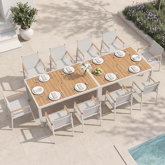 Outdoor Dining Set for 10, Aluminum Patio Table and Chairs Set, 12-Piece All Weather Patio Dining Furniture Set with Umbrella Hole for Backyard, Deck, Poolside (White-Teak)