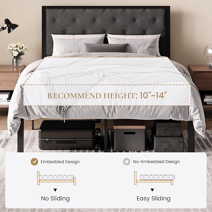 SHA CERLIN Full Size Metal Bed Frame with Linen Tufted Headboard, Dark Gray | Modern Design Heavy-Duty Platform Bed, No Box Spring Need, Linen Fabric Upholstery, Noise Free, Easy Assembly