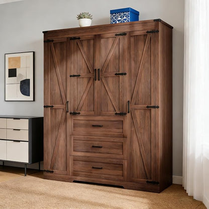 Farmhouse Wooden Armoire Storage Cabinet with Adjustable Shelves & Hanging Rod, 4 Doors Wardrobe Armoire Closet with Drawers,70" Freestanding Clothing Storage Cabinet for Bedroom (4 door, Brown-1)