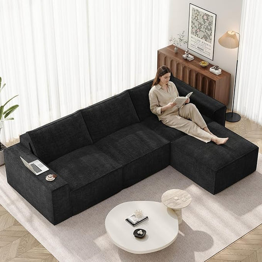 Vesgantti 114" Modular Sectional Boneless Couch, Modern 3 Seater Sofa with Ottoman & Deep Seat, Convertible Chenille L Shaped Cloud Couches for Living Room, No Assembly Required, Black