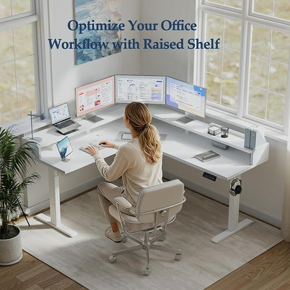 Klicelor L Shaped Electric Standing Desk 63 x 55 inch with Shelf, Height Adjustable Corner Desk, Sit Stand Desk with Storage Shelf, Home Office Computer Table, White