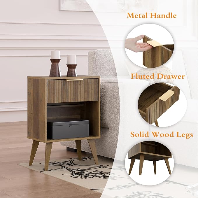 YAUKOMEL Fluted Night Stand with Opening Storage,Mid Century Bedside Table with Drawer,Wood Nightstand with Legs,End Table Side Table for Living Room,Bedroom,Caramel Oak 11.8"Dx15.7Wx 25.2"H CTG56BR