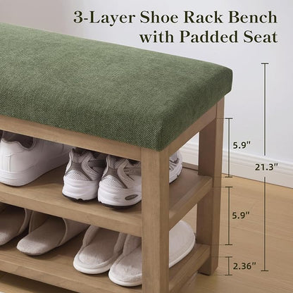 Zihanhome 2 Tier Shoe Rack Bench with Cushion, Solid Wood Shoe Benches, Mid-Century Modern Shoe Storage Bench for Entryway, Hallway, Living Room, Closet, Front Door Entrance, (Green, 39.4")