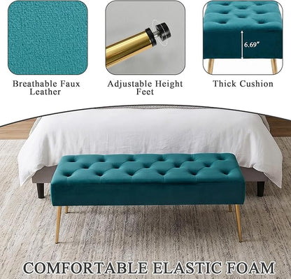 DUHOME Modern Velvet Bench Ottoman, Upholstered Bedroom Benches Footrest Stool Button-Tufted Table Bench Dining Bench with Gold Metal Base for Entryway Dining Room Living Room Bedroom, Atrovirens