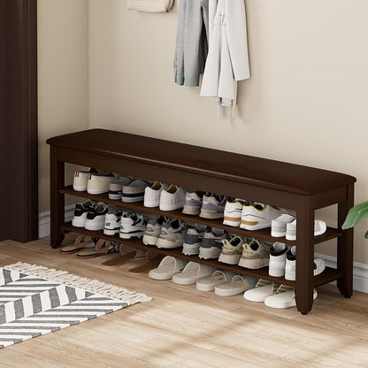 Homleke 2-Tier Solid Wood Shoe Rack Bench with Flip-Top Storage | Entryway Bench with Cushion, Adjustable Shelf, Holds Up to 12 Pairs, for Hallway, Bedroom and Closet, Walnut, 47.2 Inch