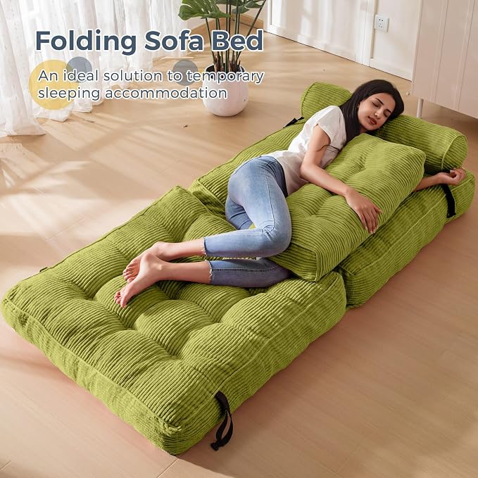 MAXYOYO Folding Sofa Bed, Convertible Chair with Pillow Foldable Couch with Back Support, Portable Fold Out Chair Bed Comfy Floor Sofa Lounge for Living Room Bedroom, Beige, Green