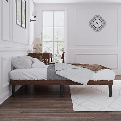 Yumori 12.9 Inch Minimalist Style Queen Size Bed Frame, Wood Platform Bed with Wood Slat Support, No Box Spring Needed, Easy Assembly, Walnut