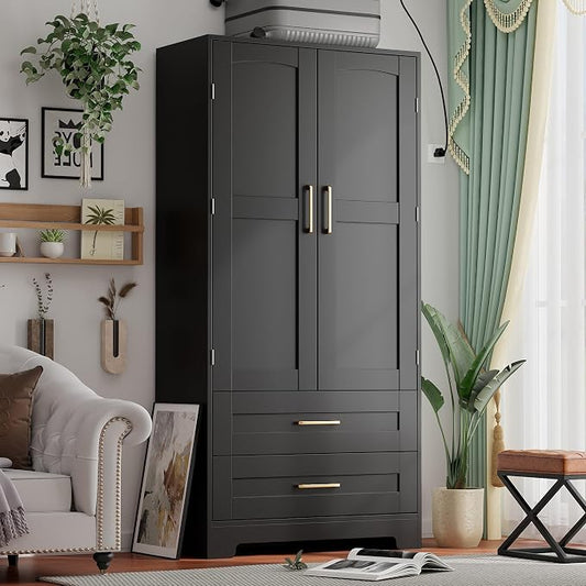 Wooden Armoire Wardrobe Closet, Bedroom Armoires with Door and Drawers, Freestanding Wardrobe Clothing Storage Cabinet with Shelves and Hanging Rod for Bedroom, Laundry Room, Cloak Room（Black）