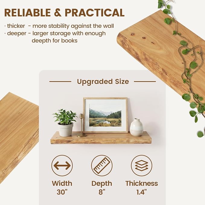 Venusmiles Live Edge Elm Floating Shelves for Wall Decor, Rustic Solid Wood Shevles Wall Mounted with Invisible Bracket for Living Room Bathroom Bedroom Kitchen, 30 Inch Set of 2, Natural
