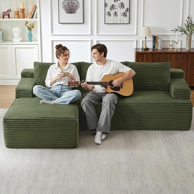96" Cloud Sectional Couch with L-Shape Chaise, Modular Comfy Sofa Chaise Longue, Upholstered Corduroy Couches Sleeper with Deep Seat for Living Room Bedroom, No Assembly Required(Green, Left Facing)