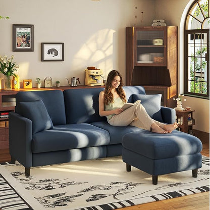 Welzona 83" Couches for Living Room, Teddy Sofa Couch with Storage Ottoman, L Shaped Couch with Movable Ottoman, Tool-Free Modular Sectional Sofa, All-Wood Sofas for Living Room 2 Pillows, Blue Grey