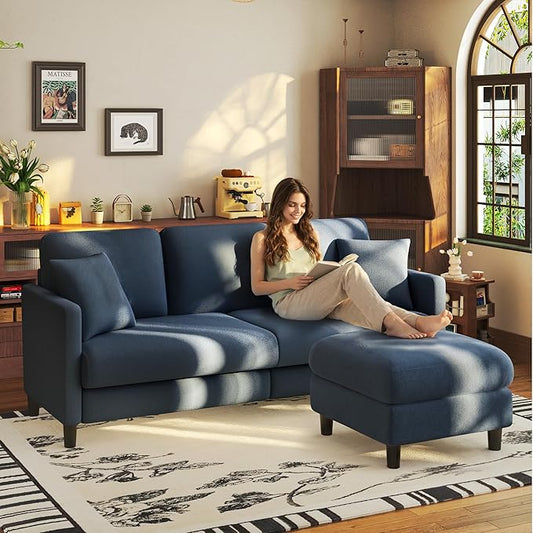 Welzona 83" Couches for Living Room, Teddy Sofa Couch with Storage Ottoman, L Shaped Couch with Movable Ottoman, Tool-Free Modular Sectional Sofa, All-Wood Sofas for Living Room 2 Pillows, Blue Grey