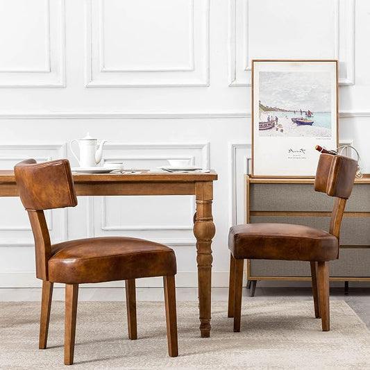 RIVOVA Mid Century Modern Dining Chairs Set of 2 PU Leather Upholstered Side Chairs, Modern Kitchen Armless Parson Chairs Solid Wood Dining Chairs, Brown