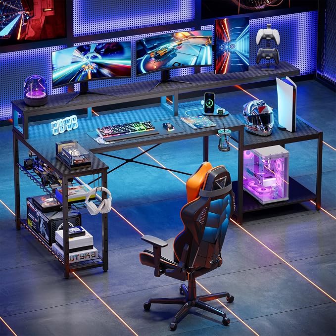 Bestier LED Gaming Desk with Power Outlets, 71 inch L Shaped Computer Desk with Monitor Stand, Large Desk with Printer Stand Adjustable Shelf, Cup Holder & Hooks, Home Office Desk Black | Carbon Fiber Desktop, 20 Static 22 Dynamic RGB Modes, Storage Ra...