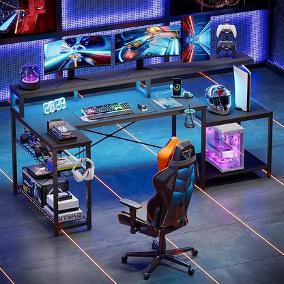 Bestier LED Gaming Desk with Power Outlets, 71 inch L Shaped Computer Desk with Monitor Stand, Large Desk with Printer Stand Adjustable Shelf, Cup Holder & Hooks, Home Office Desk Black | Carbon Fiber Desktop, 20 Static 22 Dynamic RGB Modes, Storage Ra...