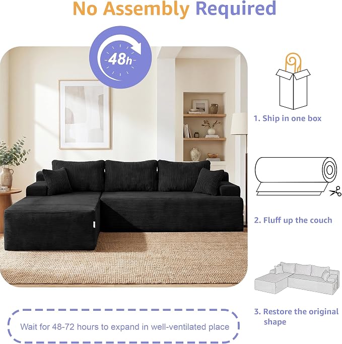 Hobestluk Modular Sectional Sofa Couches L-Shape Couch 3 Seat Modular Sofa Memory Foam Sectional Couches for Living Room, Cloud Couch with Oversized Chaise (Black Corduroy, 96", Left Hand Facing)
