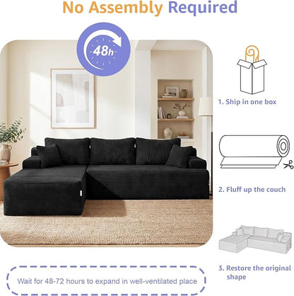 Hobestluk Modular Sectional Sofa Couches L-Shape Couch 3 Seat Modular Sofa Memory Foam Sectional Couches for Living Room, Cloud Couch with Oversized Chaise (Black Corduroy, 96", Left Hand Facing)