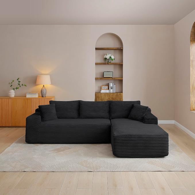 105-Inch L-Shaped Right Facing Corner Compressed Sofa Modular Sectional Boneless Cloud Sofa Floor Foam Couch with Chaise Lounge, Corduroy Corner Boneless Cloud Couch