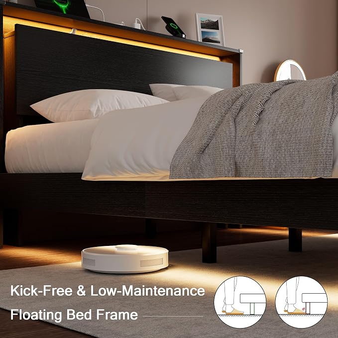Einhomn Bed Frame Queen Size with LED Lights & Charging Station – Kids Wood Floating Queen Bed Frame with Storage Headboard, Adhesive Slats, Kick-Free & Noise-Free Design, Easy Assembly, Black