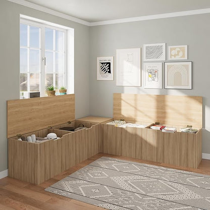 Bobve L-Shape Storage Bench with Cushion, Backless Corner Dining Bench, Kitchen Dining Nook Bench with Hidden Storage for Dining Room, Kitchen, Entryway (Natural Wood)