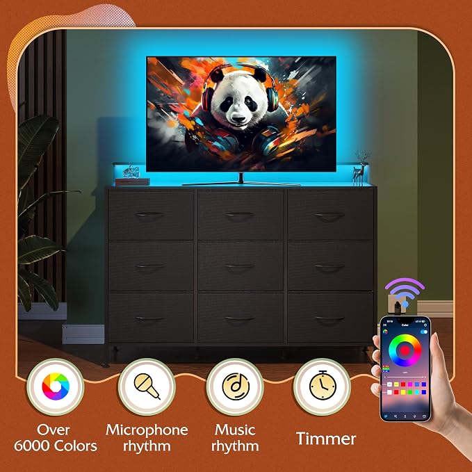 WLIVE Black Dresser TV Stand for 45, 50, 55 inch TV, Entertainment Center with LED Lights & Charging Station, Chest of drawers with 9 Fabric Drawers and Open Shelves for Living Room, Hallway, Wood Top