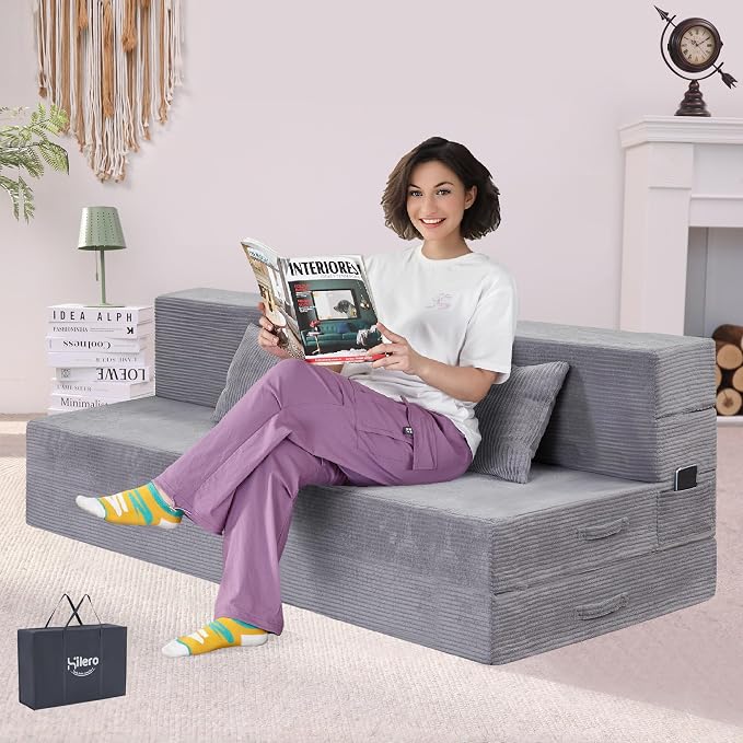 Folding Sofa Bed, 4 in 1 Convertible Sleeper Chair with Pillow, Queen Memory Foam Fold Out Chair Bed, Modern Floor Futon Sofa Couch Mattress for Living Room/Guest/Apartment, Light Gray