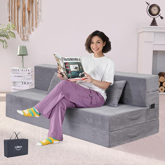 Folding Sofa Bed, 4 in 1 Convertible Sleeper Chair with Pillow, Queen Memory Foam Fold Out Chair Bed, Modern Floor Futon Sofa Couch Mattress for Living Room/Guest/Apartment, Light Gray