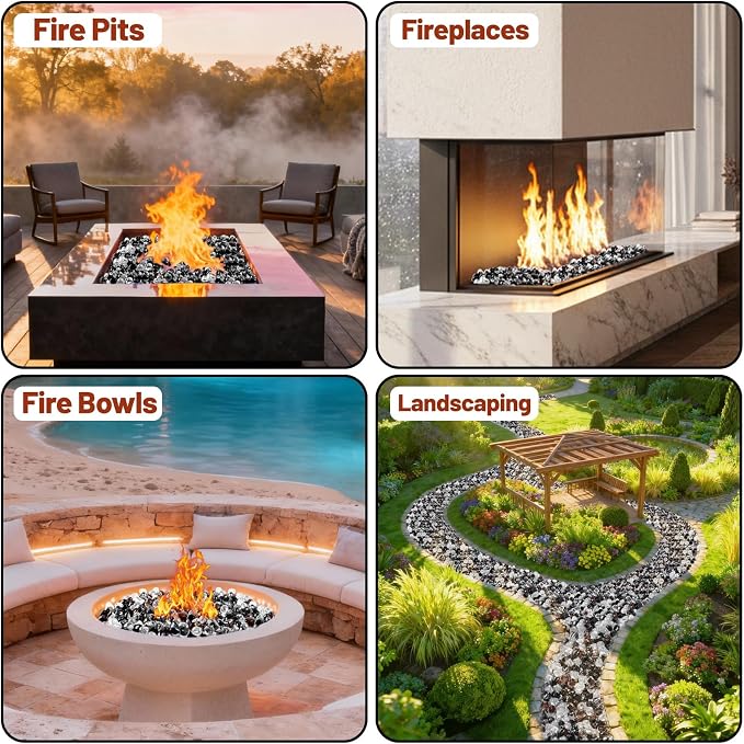 Blended Fire Glass Diamonds for Propane Firepit, Fireplace and Outdoor Decorative, 1 Inch Firepit Glass 20LB (Crystal Ice +Onyx Black + Amber)