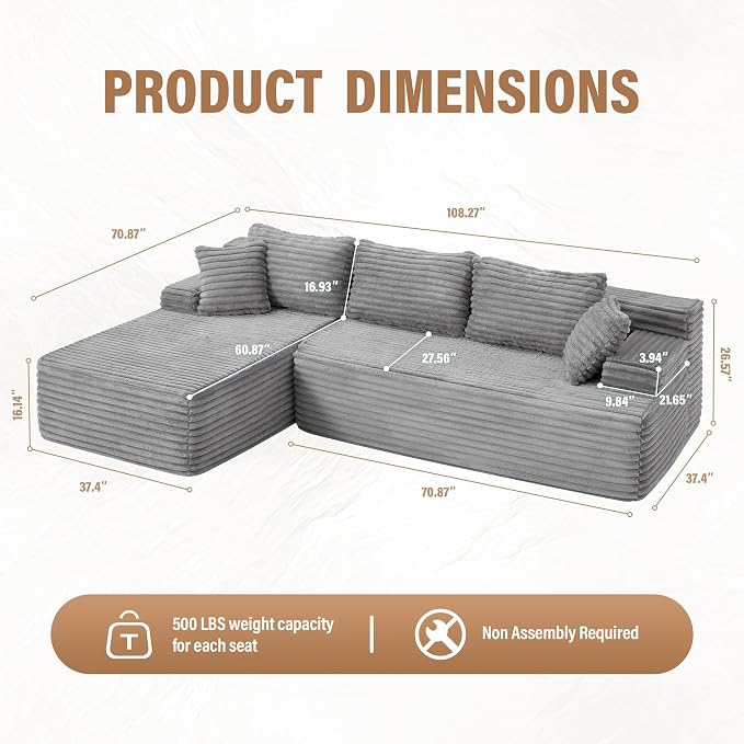 Hobestluk Boneless Couch Modular Sectional Sofa L-Shape Oversized Chaise | 108" Left Facing Chaise Pale Gray,Memory Foam,Removable Cover,Non-slip Bottom,No Assemble Required,Living Room Furniture