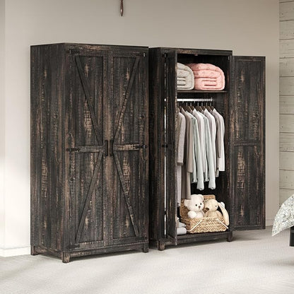 LUXOAK 70" Large Armoire Wardrobe Closet with Hanging Rod, Farmhouse Clothing Storage Cabinet with 2 Barn Doors, Wooden Tall Bedroom Armoires with Shelf, Dark Oak Wood