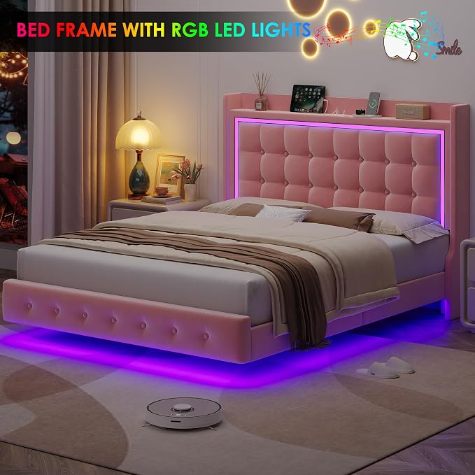 Keyluv Full Floating Bed Frame with Storage Headboard, LED Lights & Charging Station Platform Bed, Soft Upholstered Velvet, USB/Type-C Ports, Easy Assembly, Pink