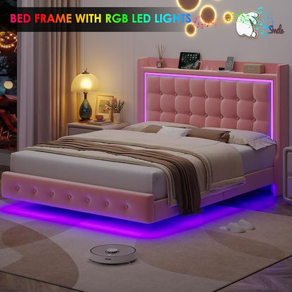 Keyluv Full Floating Bed Frame with Storage Headboard, LED Lights & Charging Station Platform Bed, Soft Upholstered Velvet, USB/Type-C Ports, Easy Assembly, Pink
