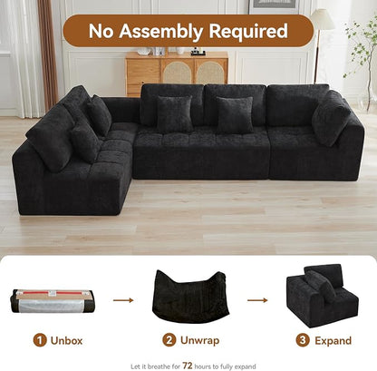 140''Modular Sectional Couches for Living Room, Cloud Boneless Compressed Sectional Sofa, Oversized L Shaped 5 Seater Upholstered Memory Foam Sofa, No Assembly, Chenille Black