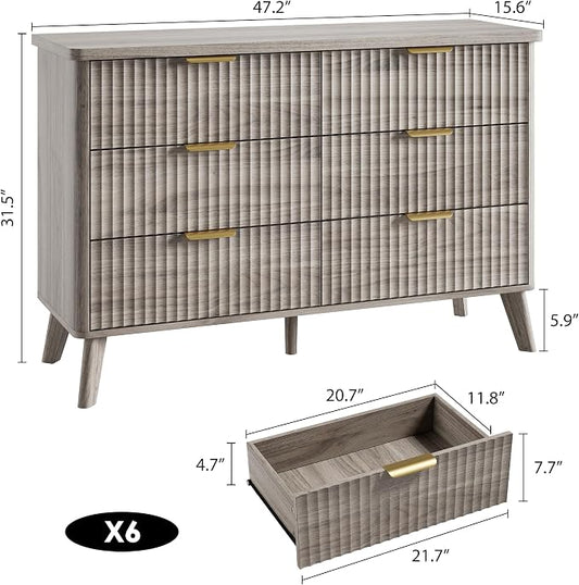 GarveeHome Fluted Dresser for Bedroom with 6 Deep Drawers, 47.2 in Wide Modern Chest of Drawers, Wooden Dresser TV Stand, Curved Profile Design, for Living Room, Kids Room, Hallway, Grey