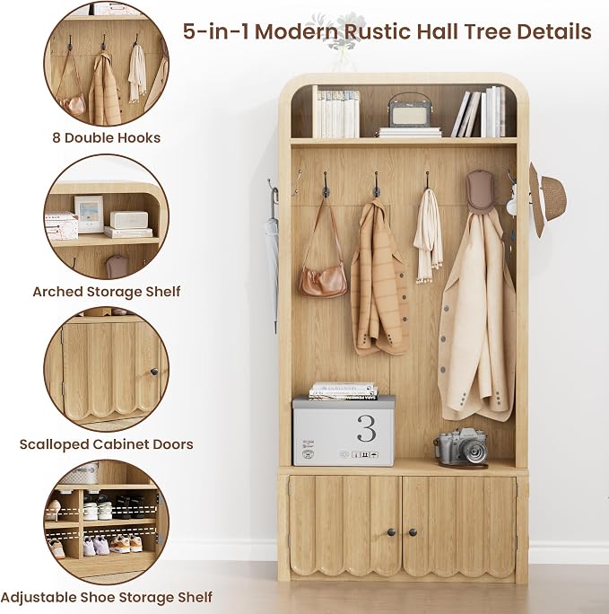 Narrow Hall Tree with Bench and Shoe Storage, Arched Entryway Coat Rack with Adjustable Shoe Cabinet,8 Hooks, Modern Rustic Mudroom Storage Organizer with Scalloped Wave Fluted Doors (Nature Oak)