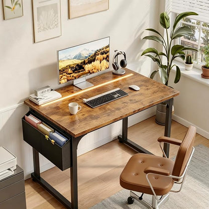 DurayLoly 32" Computer Desk with Waterproof LED Lights,Bedroom Study Desk for Teens,Dorm Room Essentials,Headphone Hook&Storage Bag for Small Spaces,Sturdy Metal Frame,Rustic Brown