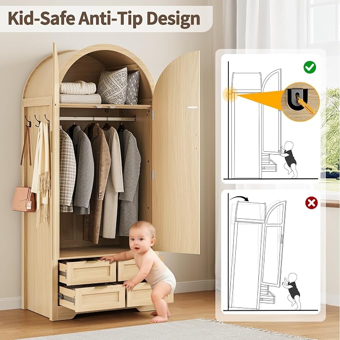 Armoire Wardrobe Closet with 4 Drawers - Wood Bedroom Armoires and Wardrobes with Rattan Doors for Hanging Clothes, Tall Clothing Cabinet Arched Closets for Cloak Room, Large Capacity Storage