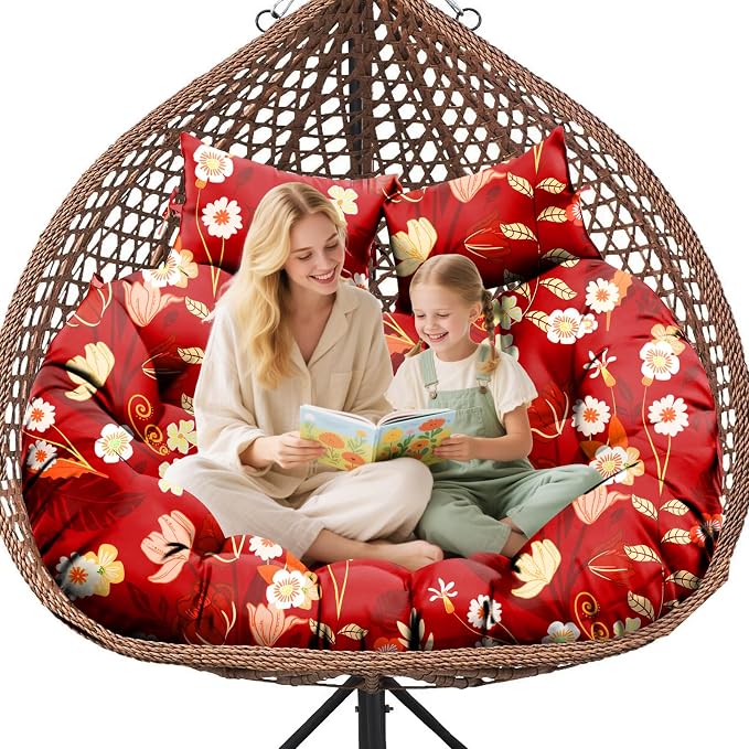 Double Egg Chair Cushion Replacement Waterproof for Outdoor Patio Hanging Basket Egg Chairs, 59x43-Inch Thickened 100% Cotton Large Double Eggs Swing Chair Cushions, Red Peony