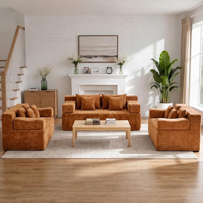 MONVANE 3-Piece Boneless Loveseat Couch Set for Living Room, Oversized Modular Sectional Sofa Set with Removable Armrests, Comfy Chenille Cloud Couch with 12 Pillows, No Assembly Required, Orange