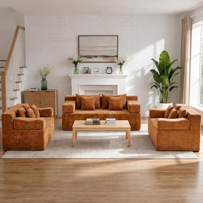 MONVANE 3-Piece Boneless Loveseat Couch Set for Living Room, Oversized Modular Sectional Sofa Set with Removable Armrests, Comfy Chenille Cloud Couch with 12 Pillows, No Assembly Required, Orange