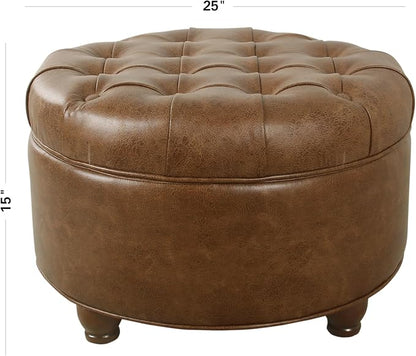 HomePop 25" Button Tufted Round Storage Ottoman - Brown Faux Leather