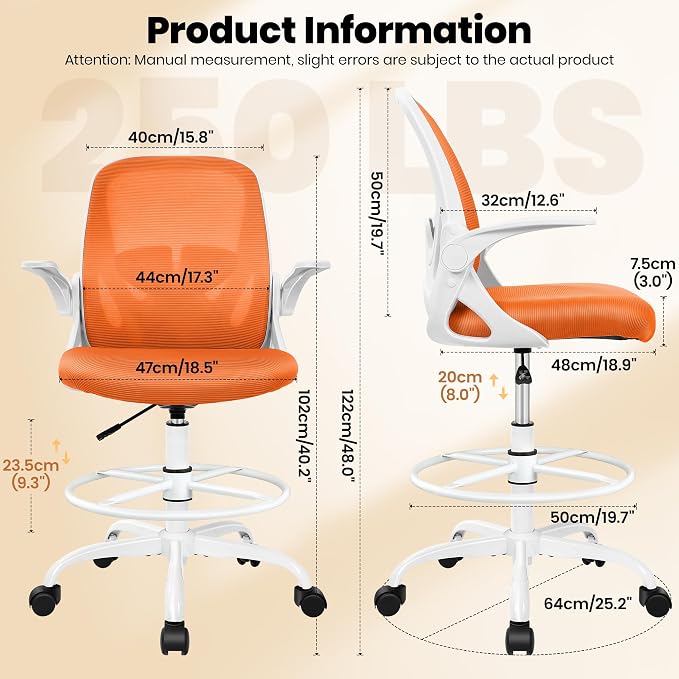 Primy Drafting Chair Tall Office Chair with Flip-up Armrests Executive Ergonomic Computer Standing Desk Chair with Lumbar Support and Adjustable Footrest Ring (Sunset Orange)