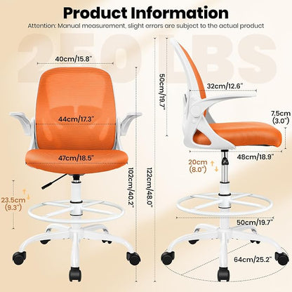 Primy Drafting Chair Tall Office Chair with Flip-up Armrests Executive Ergonomic Computer Standing Desk Chair with Lumbar Support and Adjustable Footrest Ring (Sunset Orange)