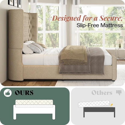 Jocisland California King Size Upholstered Bed Frame with 6.3-Inch Curved Wingback Headboard, Tufted Footboard, Wood Slats, No Box Spring Needed, Khaki Linen