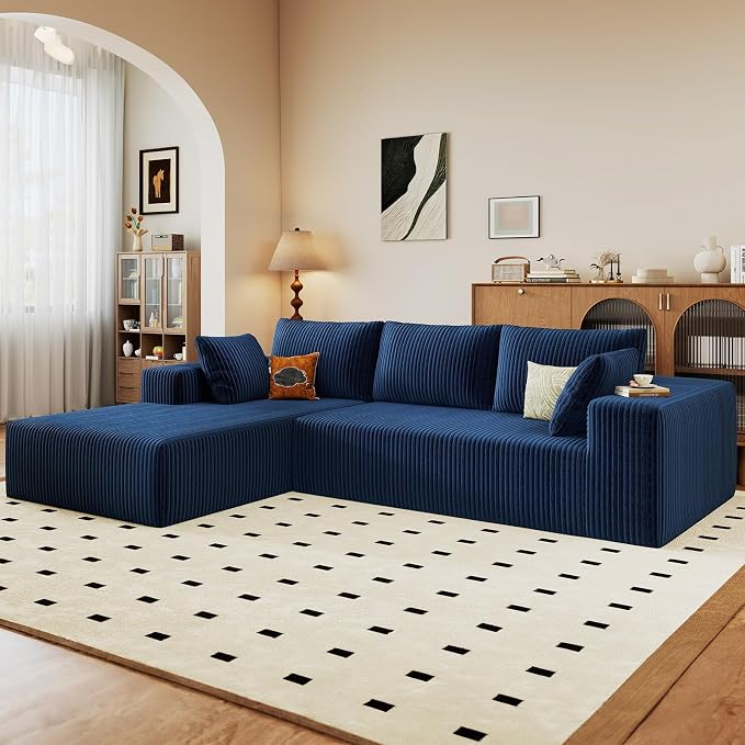 96" Modular Sectional Sofa, Modern Corduroy Cloud Couch with Deep Seat, Boneless Couch Upholstered 3-Seater L-Shaped Sofa for Living Room, No Assembly Required (Blue, Left-Facing Chaise)