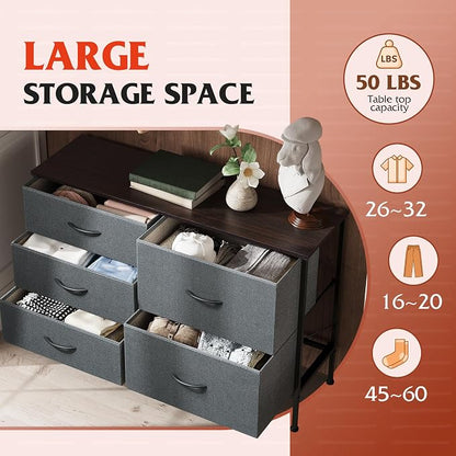 WLIVE Dresser for Bedroom with 5 Drawers, Wide Storage Dresser with Drawer Organizers, Chest of Drawers, Fabric Dressers for Living Room, Closet, Hallway, Dark Grey