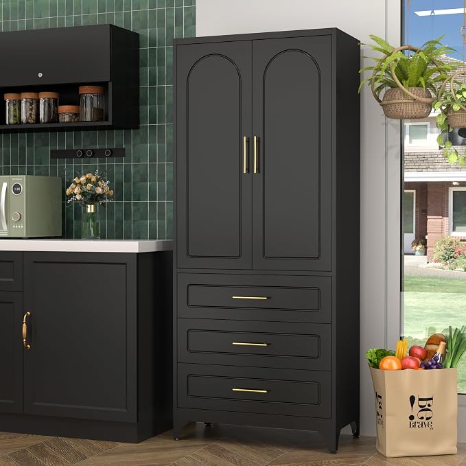 SteeLoong Metal Kitchen Pantry Storage Cabinet with 3 Drawers，75 Inch Black Food Pantry Cabinets for Kitchen Storage with 2 Adjustable Shelves,Tall Storage Cupboard for Living Room,Dining Room Office