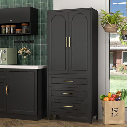 SteeLoong Metal Kitchen Pantry Storage Cabinet with 3 Drawers，75 Inch Black Food Pantry Cabinets for Kitchen Storage with 2 Adjustable Shelves,Tall Storage Cupboard for Living Room,Dining Room Office