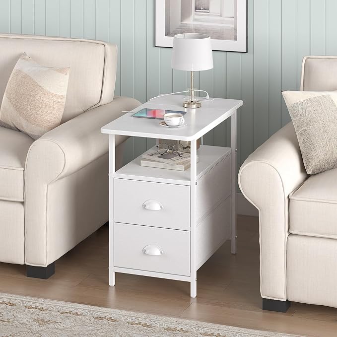 sthmec End Table with Charging Station, Narrow Side Table with 2 Drawers, Nightstands with Drawers, USB Ports & Power Oulets,Slim Sofa Side Tables for Small Spaces,Living Room,Bedroom, White